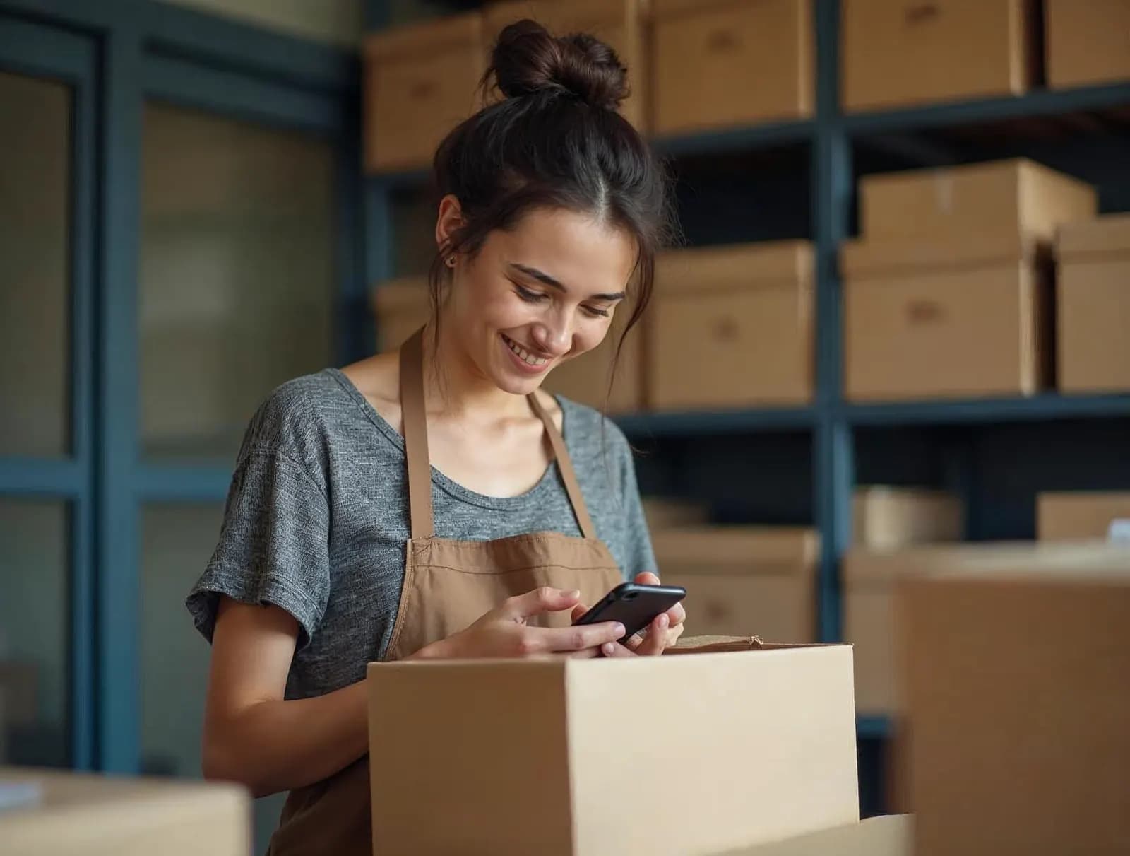 Dona de loja online embalando um pedido enquanto olha o celular.